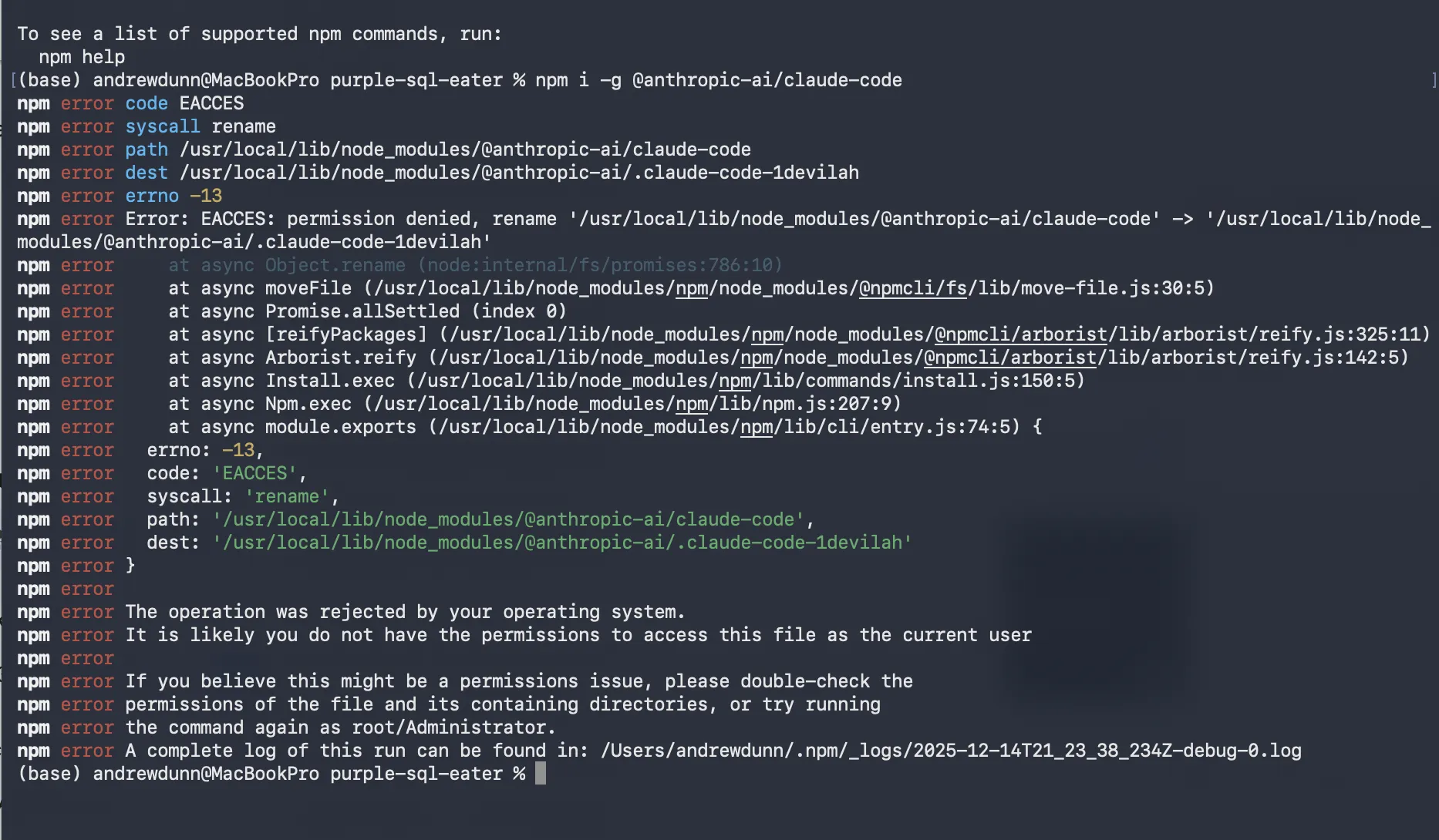 Screenshot of the error I got installing Claude Code.