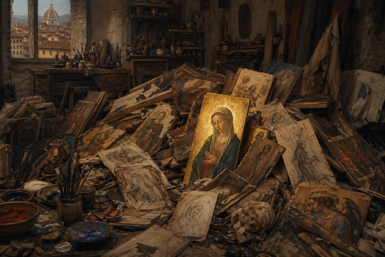 An AI-generated Renaissance workshop: stacks of Madonna panels piled across the floor, the Florence dome visible through the window.