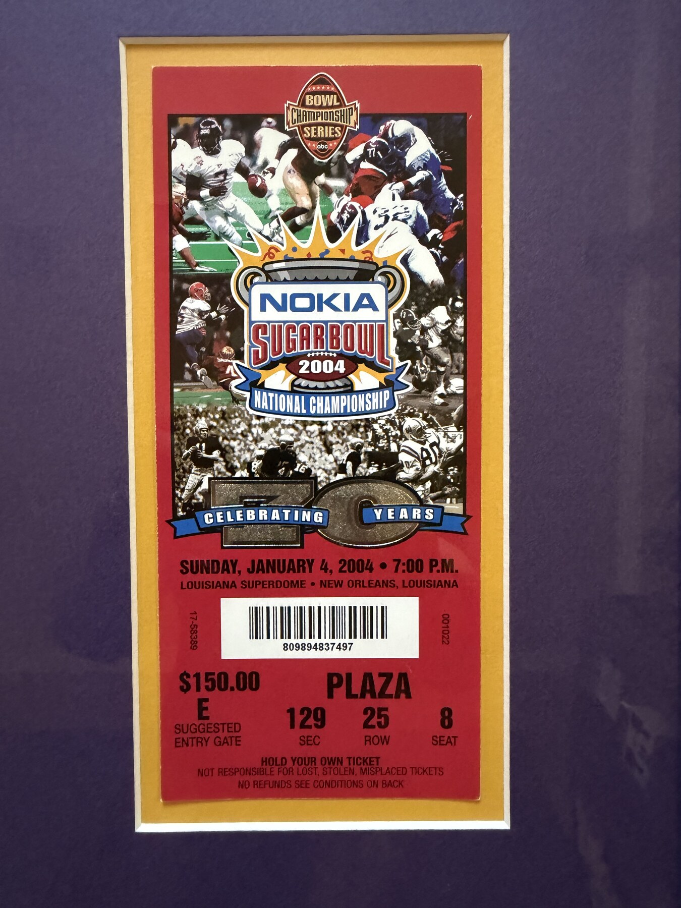 Andrew's framed ticket from the 2004 Sugar Bowl national championship game.